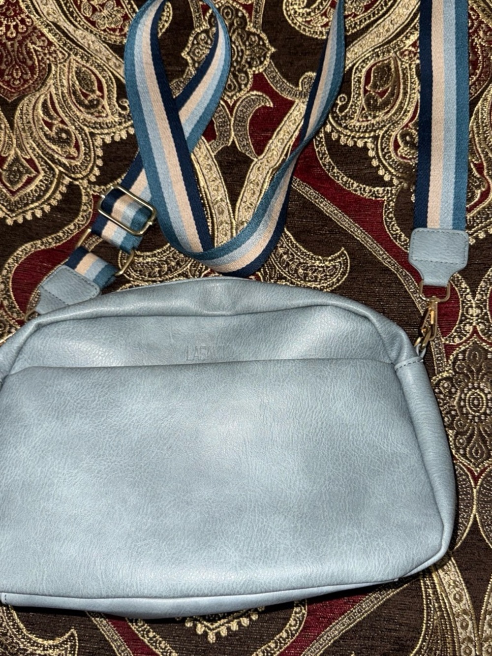 Light Blue Crossbody Bag with Striped Adjustable Strap